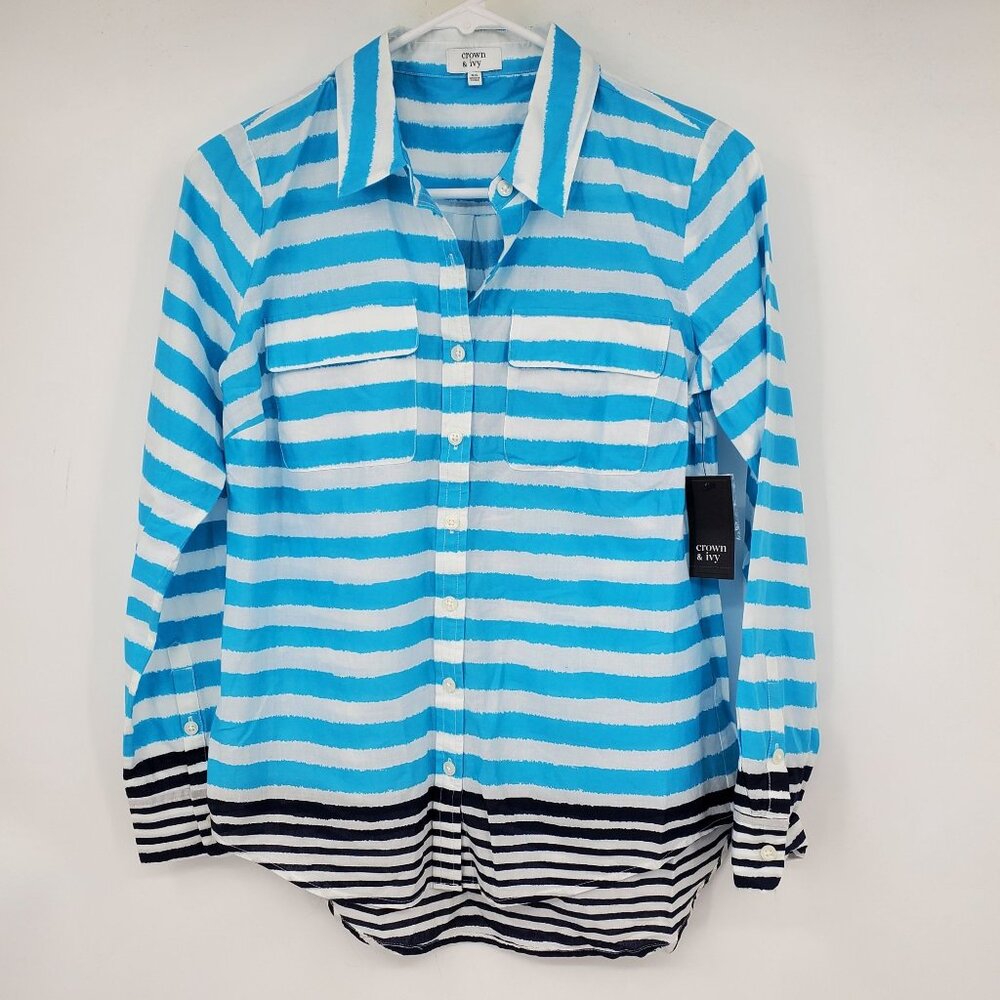 NWT Crown & Ivy Blue and White Striped Button Down Collared Shirt XS